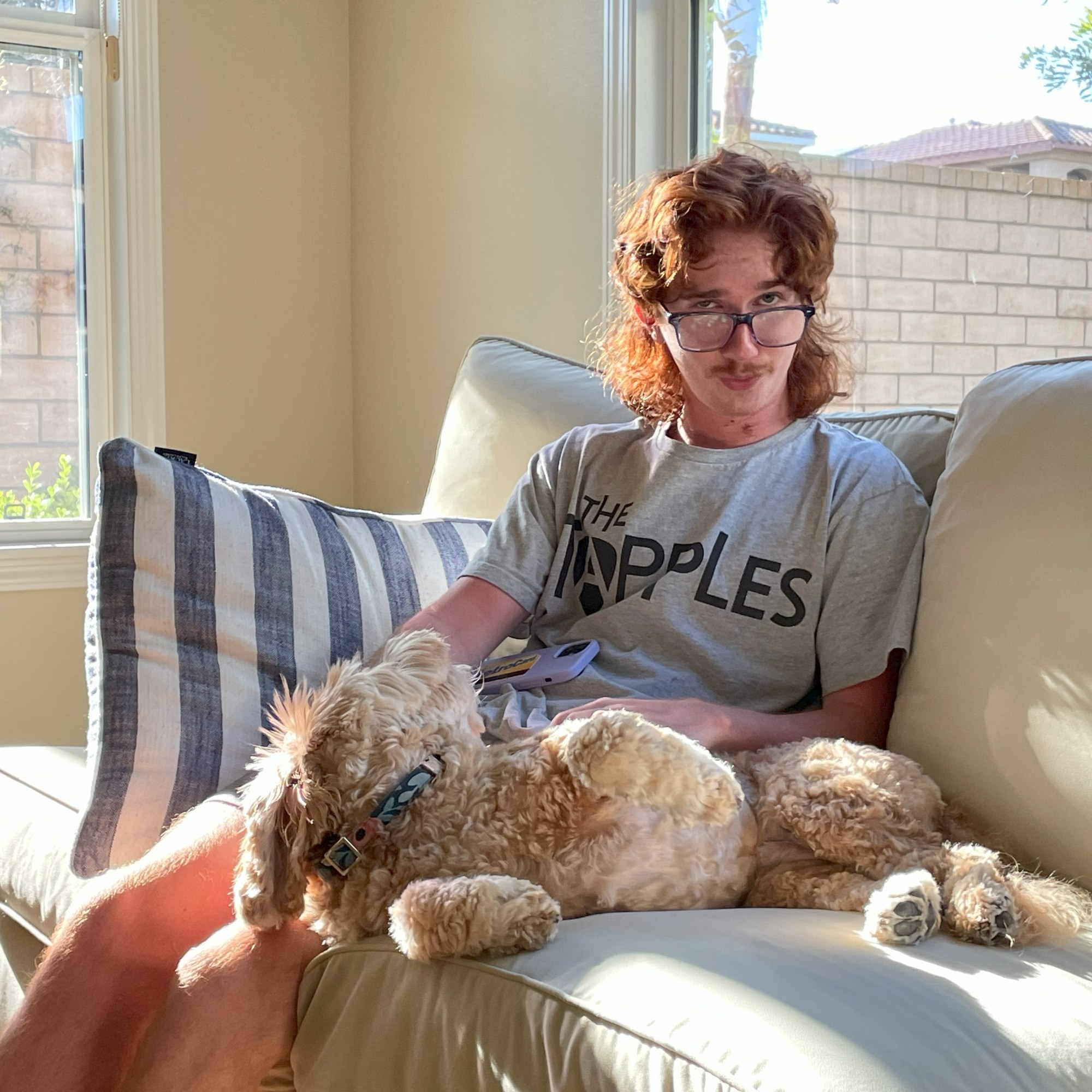 A man with red hair and glasses sits on a white couch, petting a small dog lying across his lap. The man wears a gray t-sh...